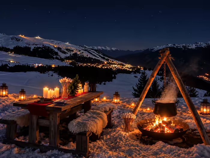 A steaming cauldron over a fire, a candlelit table and marshmallows, beneath the stars facing the resort lights