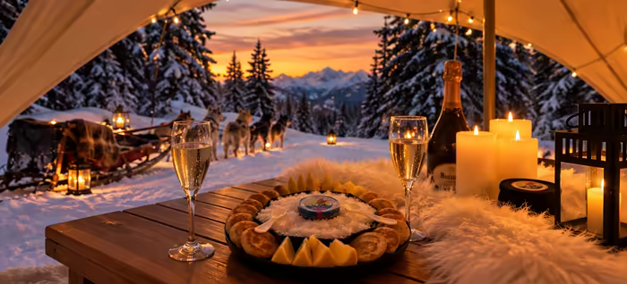 Champagne, caviar and blinis under a tent, the husky team at sunset