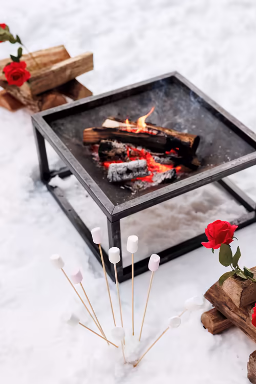 A fire pit burning in the snow, marshmallows on sticks and a red rose beside it