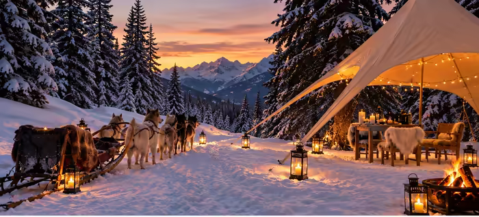 A husky team beside a lit tent and a path of lanterns at sunset