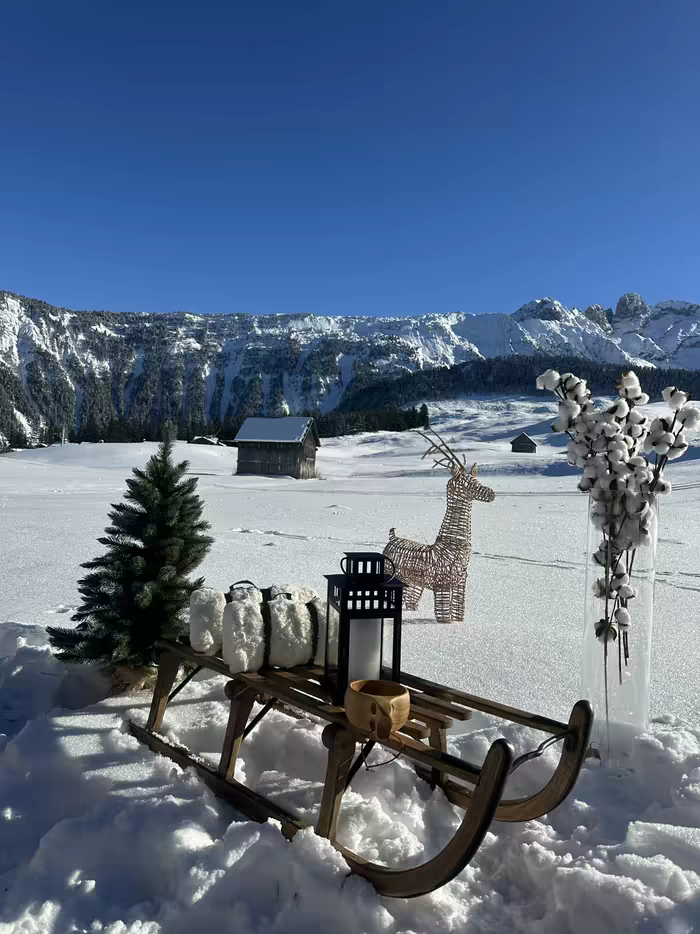 A wooden sledge with a lantern and sheepskins, a wicker reindeer and a small fir tree in the sunlit snow